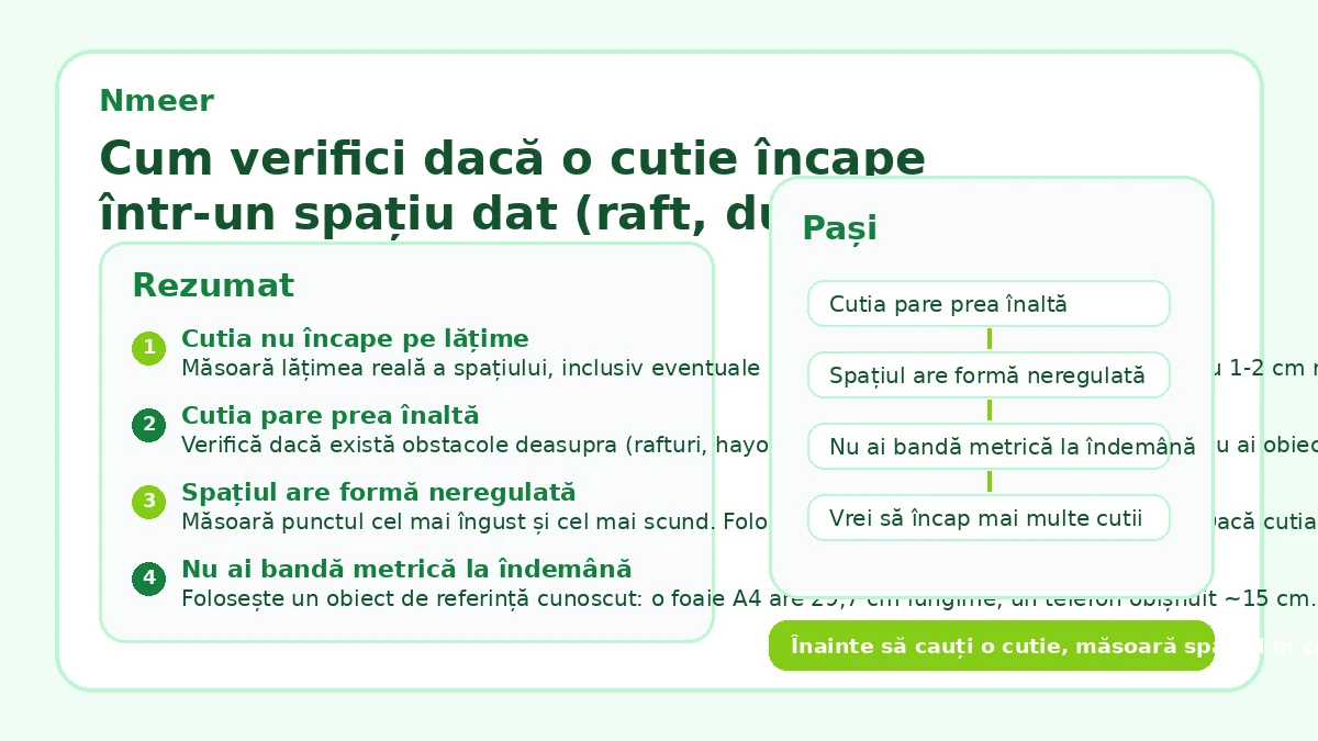 Cum verifici dacă o cutie încape într-un spațiu dat (raft, dulap, mașină)